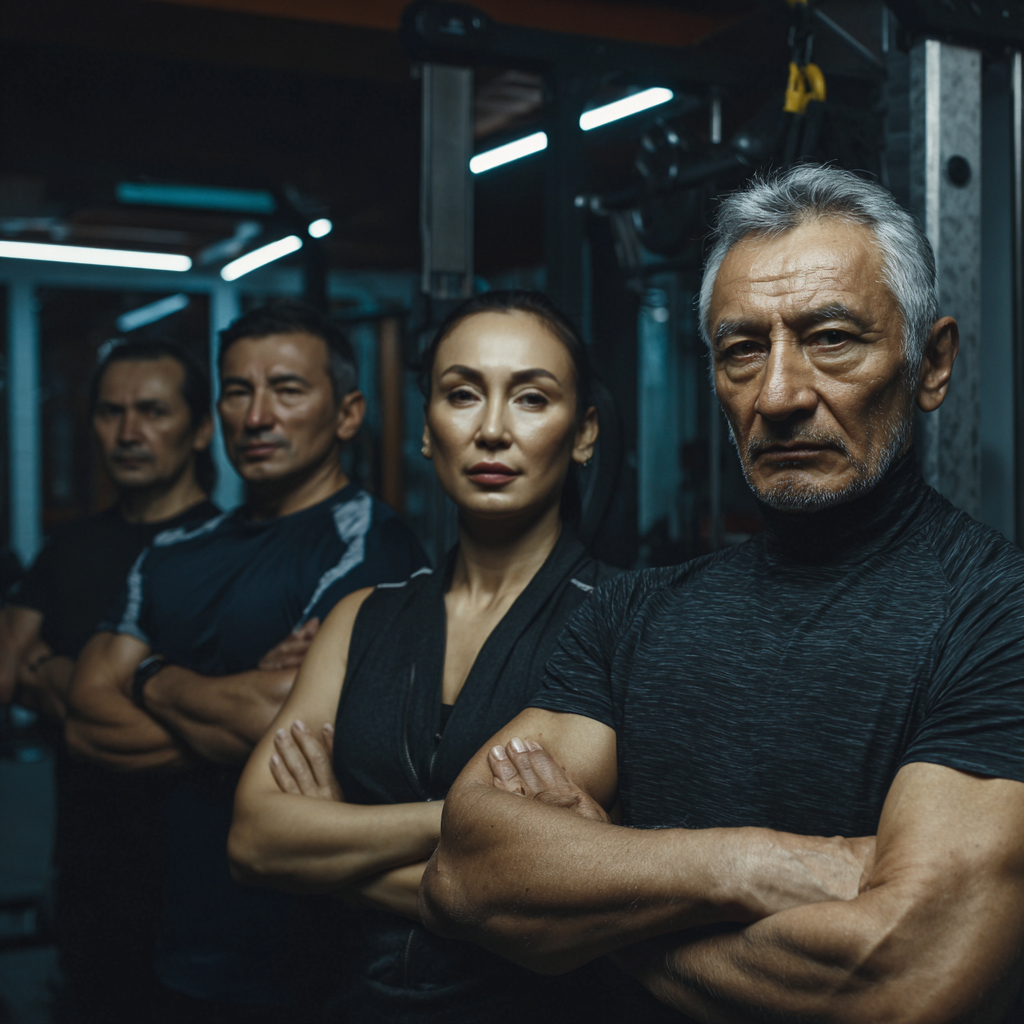 Yosh va o'rta yoshli O'zbekiston fuqarolari fitnes mashqlarini bajarayotgan, tabassumli va sog'lom